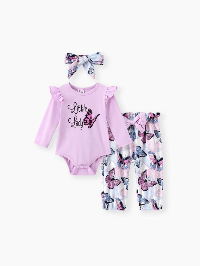 Sets | Baby Girls 3pcs 95% Cotton Ruffle Long-sleeve Ladybug Letter Print Romper and Bowknot Trousers with Headband Set Purple