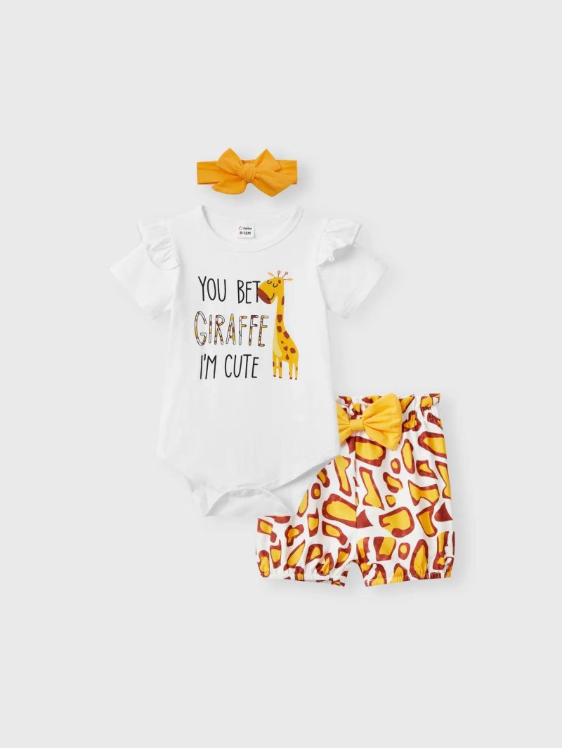 Sets | Baby Girls 3pcs 95% Cotton Ruffle Short-sleeve Cartoon Giraffe Letter Print Romper and Bowknot Shorts with Headband Set White