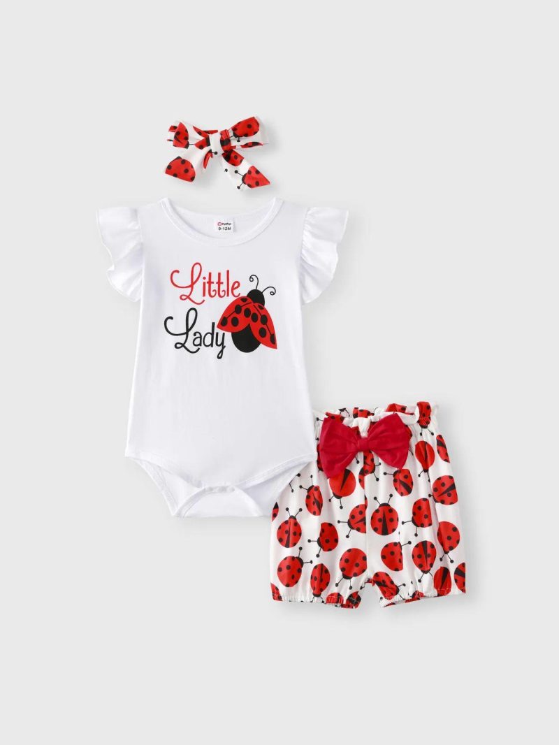 Sets | Baby Girls 3pcs 95% Cotton Ruffle Sleeve Letter Print Romper and Ladybugs Print Shorts with Headband Set White