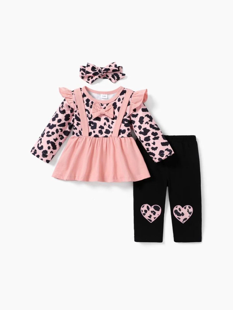 Sets | Baby Girls 3pcs Baby Leopard Splicing Long-sleeve Cotton Faux-two Top and Trousers Set Pink|Brown