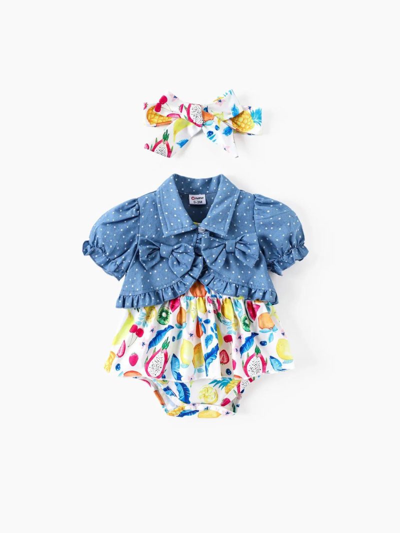 Sets | Baby Girls 3pcs Denim Jacket and Fruit Print Romper and Headband Set Blue