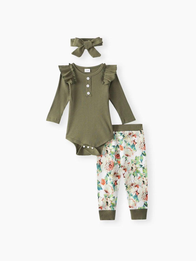 Sets | Baby Girls 3pcs Ribbed Rose Floral Print Long Sleeve Romper Set Green|Yellow|Burgundy|Purple