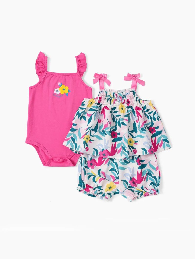 Sets | Baby Girls 3pcs Ruffled Romper and Floral Print Cami Top and Shorts Set Pink-1