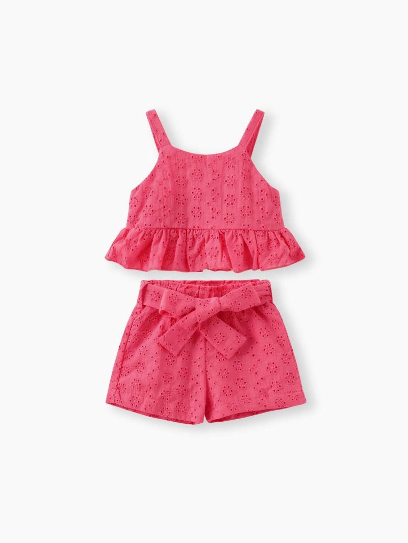 Sets | Baby Girls 3pcs Solid Eyelet Embroidered Ruffle Hem Crop Tank Top and Shorts & Belt Set Hot Pink