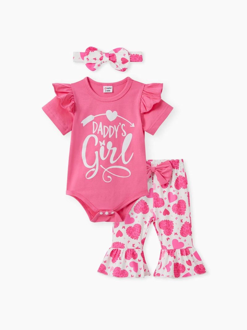 Sets | Baby Girls 3pcs Sweet Cotton Letter Romper and Heart Print Pants Set Hot Pink