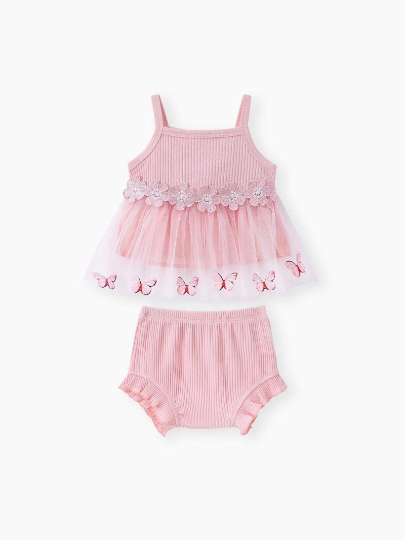 Sets | Baby Girls Floral Embroidered Mesh Cami Dress and Ruffled Shorts Set Pink