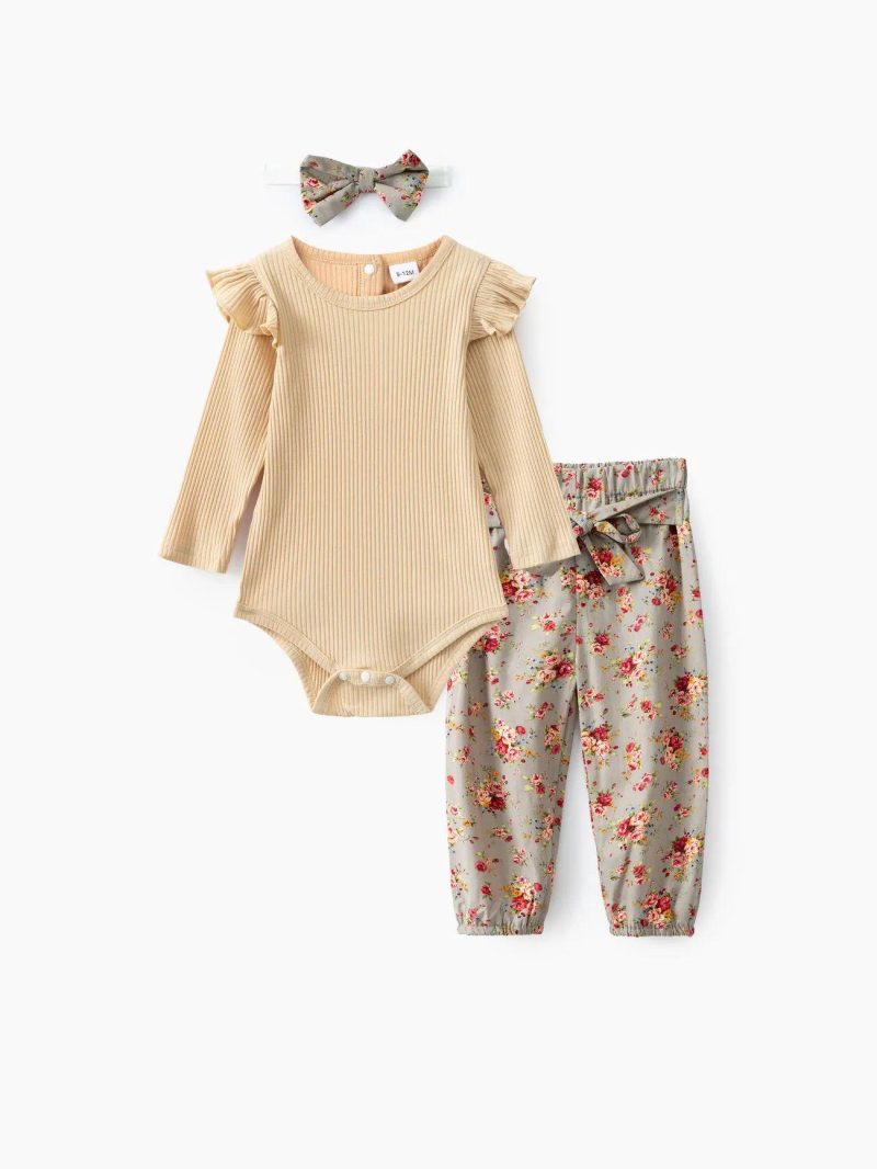 Sets | Baby Girls Ribbed 3pcs Floral Print Ruffle Decor Long-sleeve Baby Set Khaki|Black