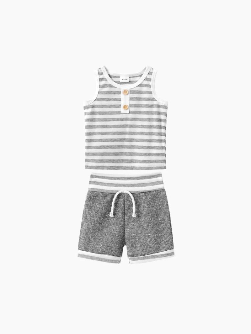 Sets | Baby Girls|Baby Boys 100% Cotton 2pcs Striped Sleeveless Tank Top and Shorts Set Dark Grey|Dark Green