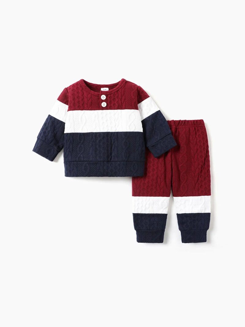 Sets | Baby Girls|Baby Boys 2pcs Baby Color Block Long-sleeve Sweatshirt and Trousers Set Red|Brown