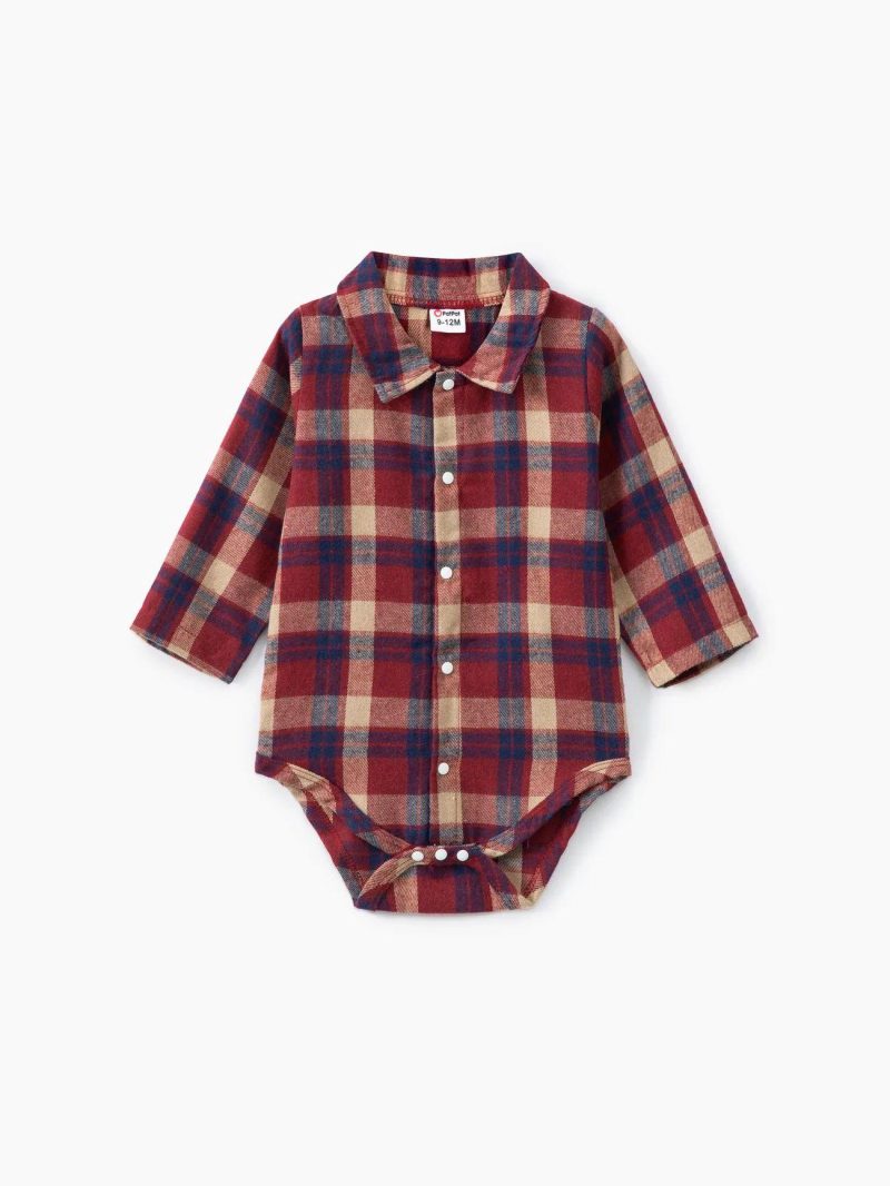 Sets | Baby Girls|Baby Boys 2pcs Baby Red Plaid Long-sleeve Shirt Romper and 100% Cotton Denim Overalls Set Red|Brown