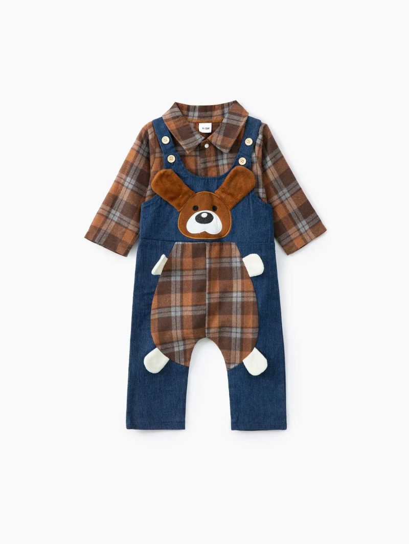 Sets | Baby Girls|Baby Boys 2pcs Baby Red Plaid Long-sleeve Shirt Romper and 100% Cotton Denim Overalls Set Red|Brown