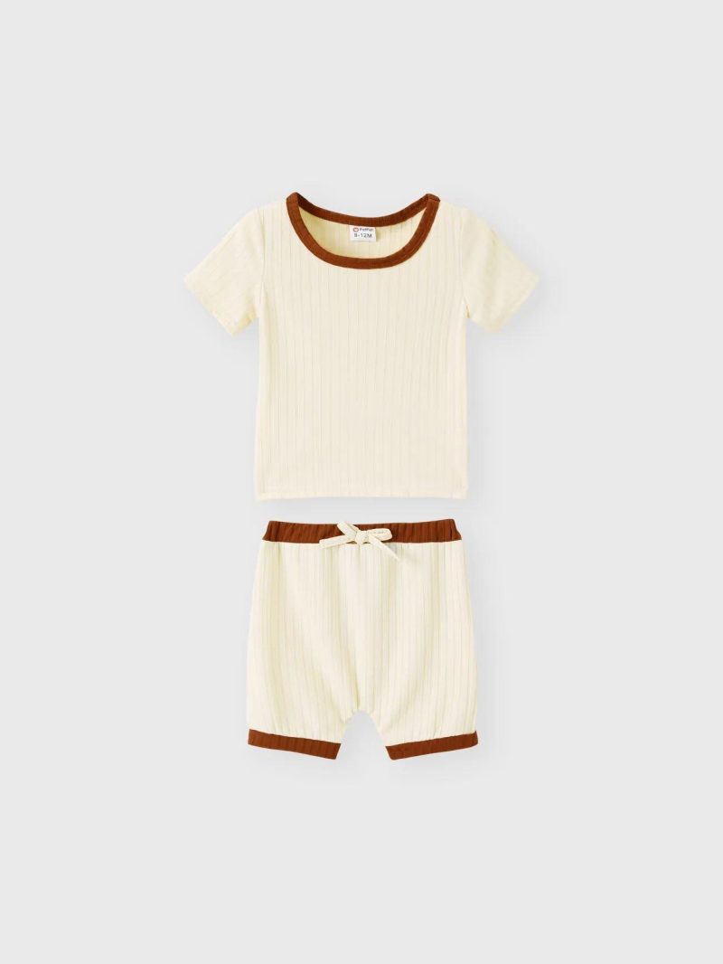 Sets | Baby Girls|Baby Boys 2pcs Solid Ribbed Short-sleeve Tee and Shorts Set Apricot