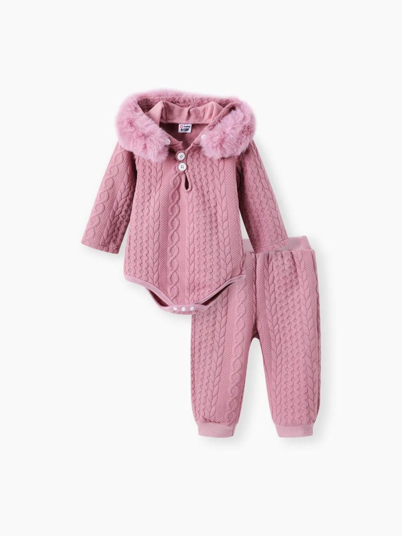 Sets | Baby Girls|Baby Boys 2pcs White Imitation Knitting Textured Spliced Faux Fur Hooded Long-sleeve Romper and Pants Set Pink|Red|Offwhite