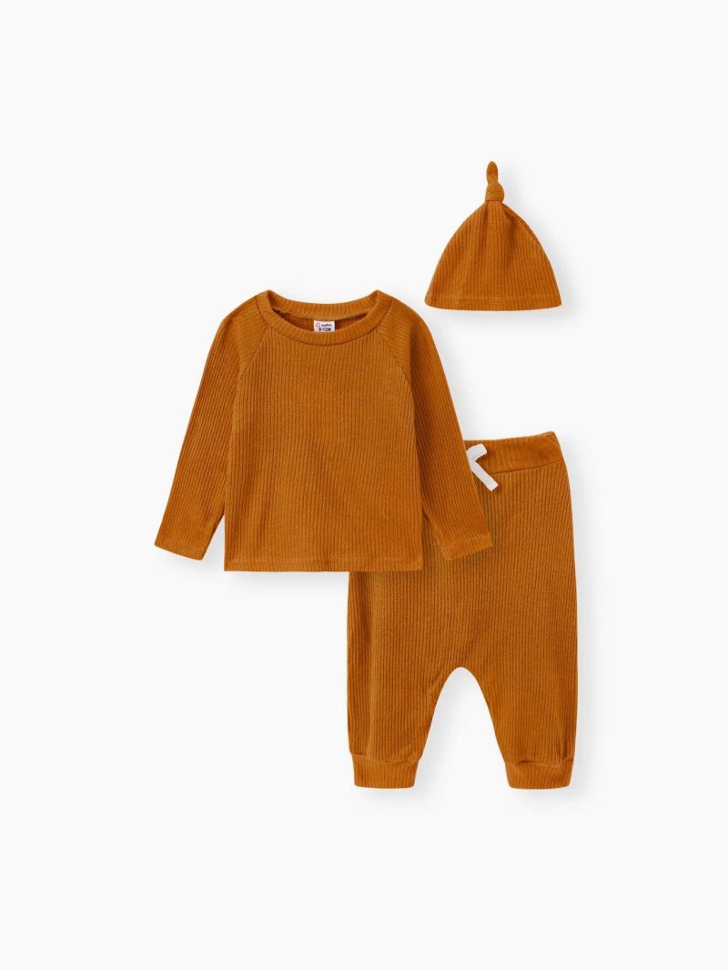 Sets | Baby Girls|Baby Boys 3pcs Solid Ribbed Long-sleeve Pullover and Trouser Set Ginger|Army Green|Burgundy|Brown