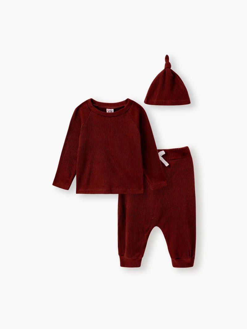 Sets | Baby Girls|Baby Boys 3pcs Solid Ribbed Long-sleeve Pullover and Trouser Set Ginger|Army Green|Burgundy|Brown