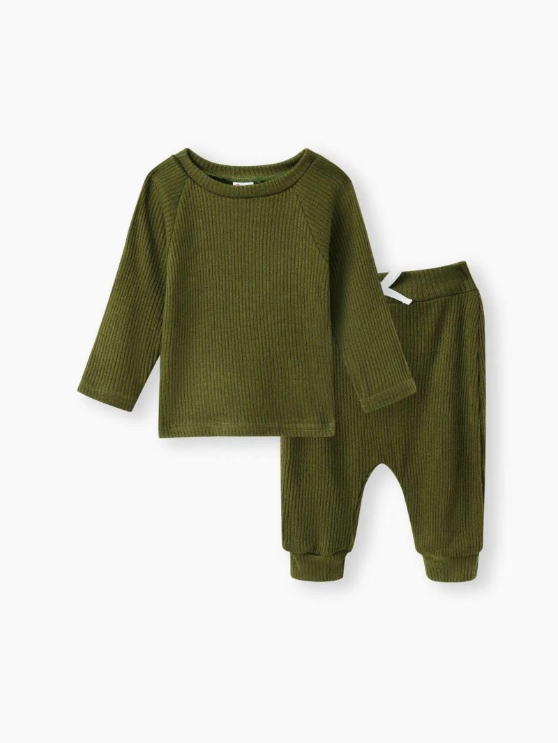 Sets | Baby Girls|Baby Boys 3pcs Solid Ribbed Long-sleeve Pullover and Trouser Set Ginger|Army Green|Burgundy|Brown