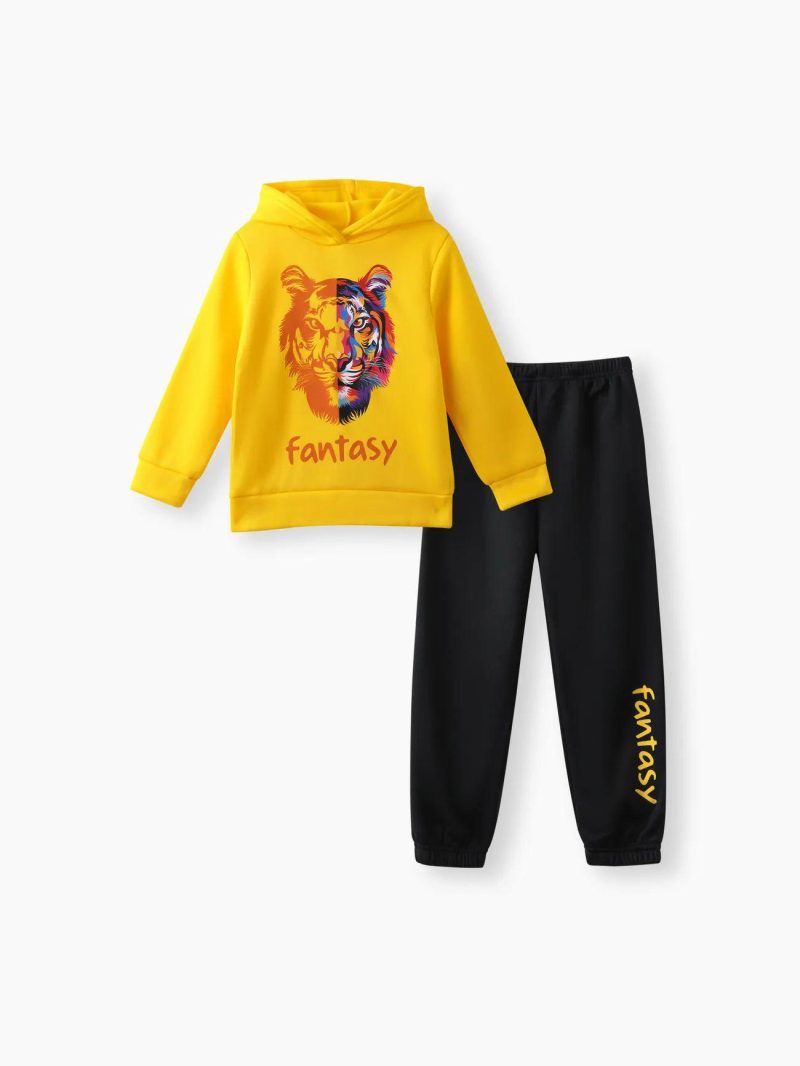 Sets | Boys 2-piece Letter Animal Print Fleece Lined Hoodie Sweatshirt and Pants Set Yellow|Black,White