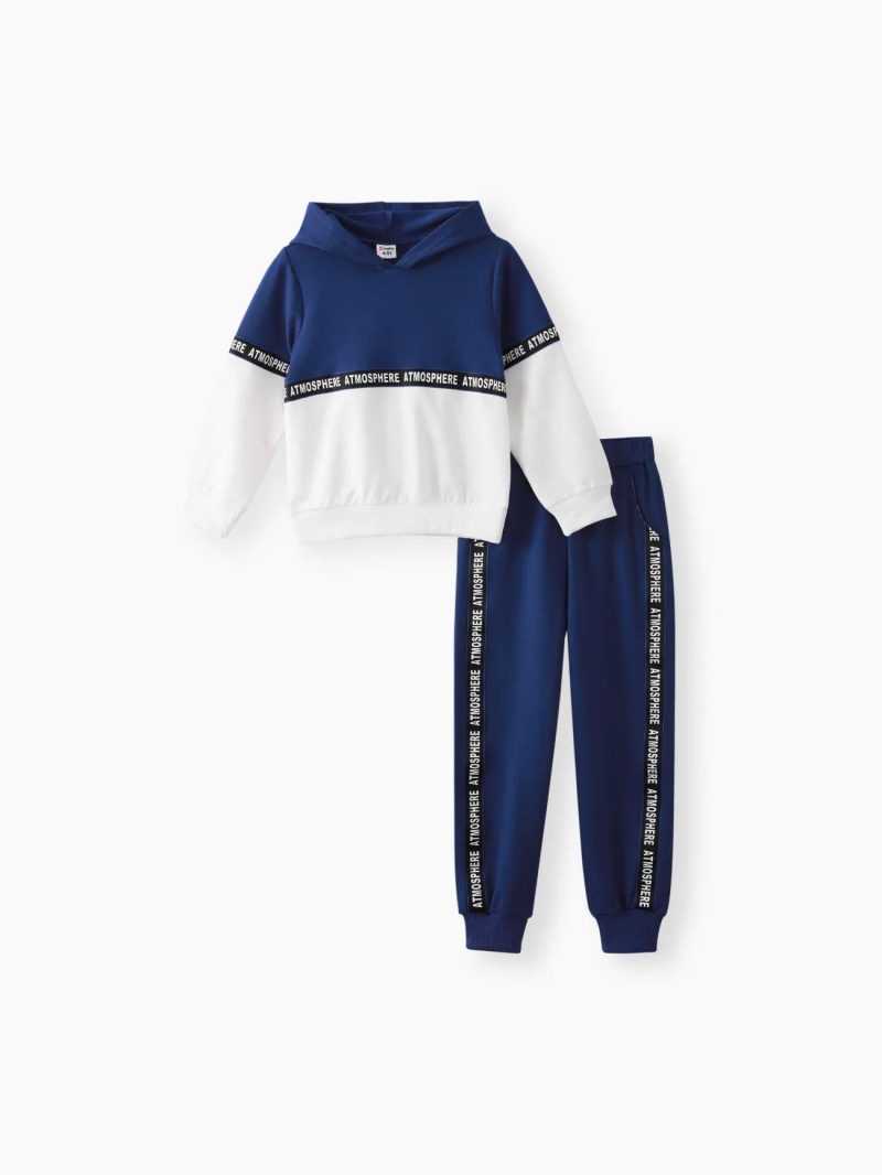 Sets | Boys 2-piece Letter Print Colorblock Hoodie Sweatshirt and Pants Casual Set Blue|Black,White