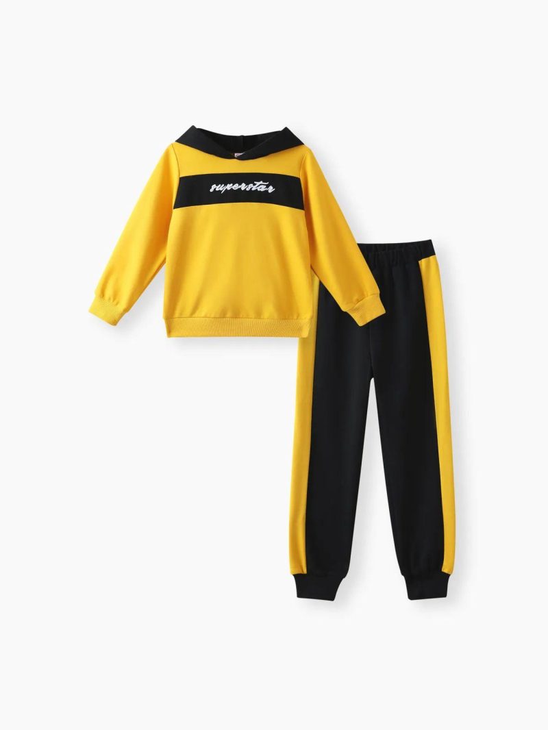 Sets | Boys 2-piece Letter Print Colorblock Hoodie Sweatshirt and Pants Casual Set Yellow