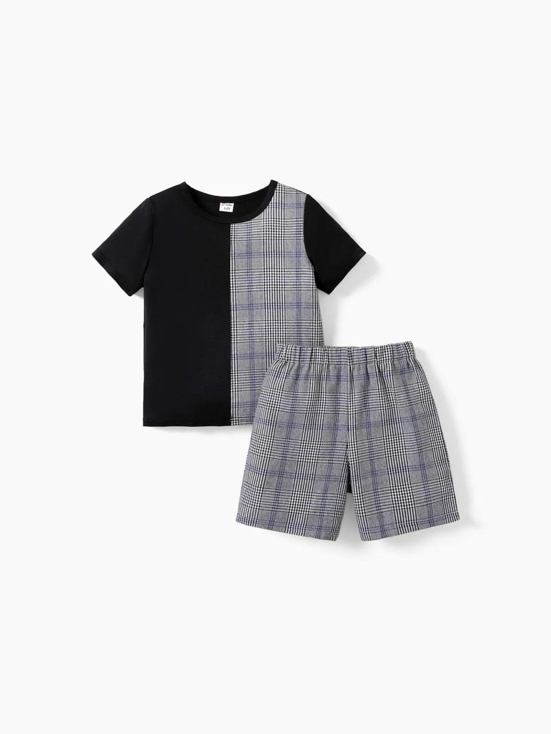 Sets | Boys 2-piece Plaid Colorblock Tee and Elasticized Shorts Casual Set Black