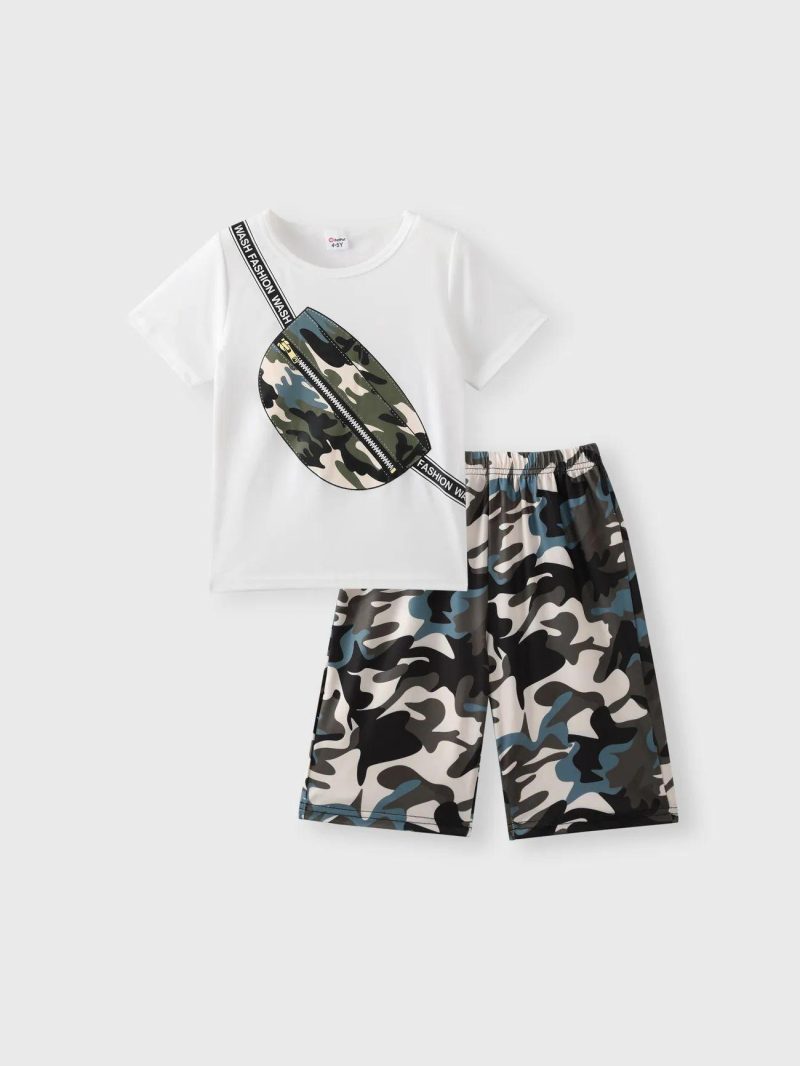 Sets | Boys 2pcs Camouflage Bag Print Short-sleeve Tee and Shorts Set White|Black