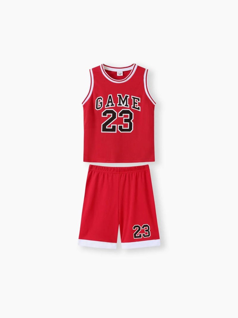 Sets | Boys 2Pcs Letter & Number Print Sports Tank Top and Shorts Set White|Red|Black