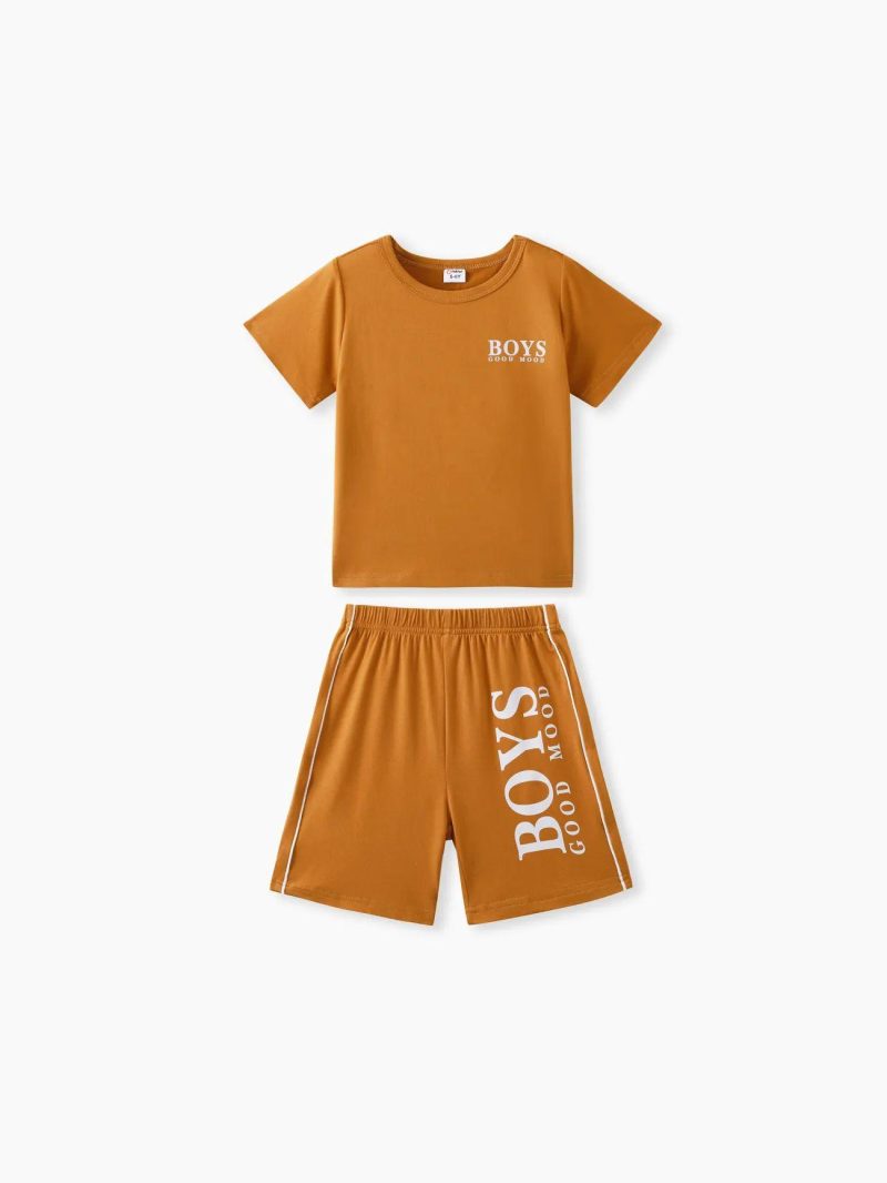 Sets | Boys 2pcs Letter Print Short-sleeve Tee and Elasticized Shorts Set Brown|Blue