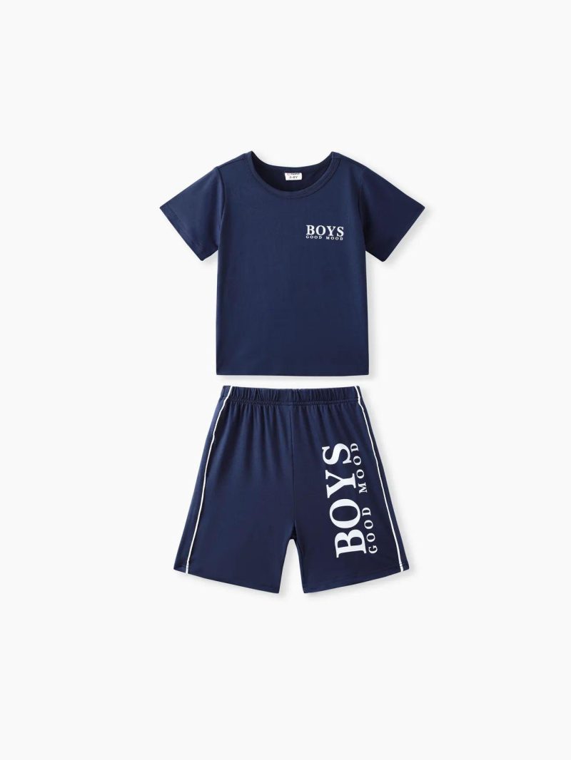 Sets | Boys 2pcs Letter Print Short-sleeve Tee and Elasticized Shorts Set Brown|Blue