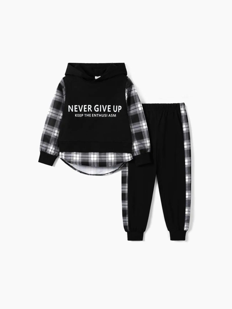 Sets | Boys 2pcs Letter Print Spliced Hooded Sweatshirt and Sweatpants Set Black