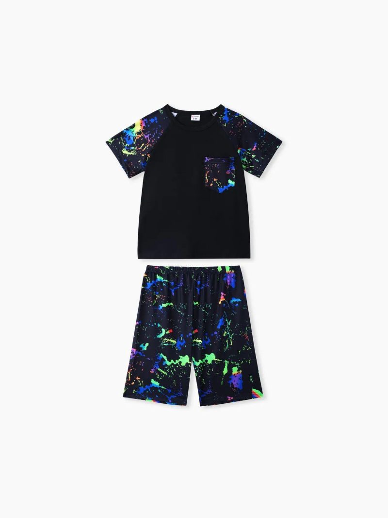 Sets | Boys 2pcs Luminous Painting Print Pocket Design Short-sleeve Tee and Shorts Set Black