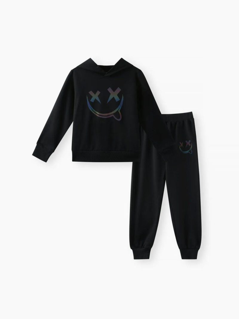 Sets | Boys 2pcs Reflective Face Graphic Print Black Hoodie Sweatshirt and Pants Set Black