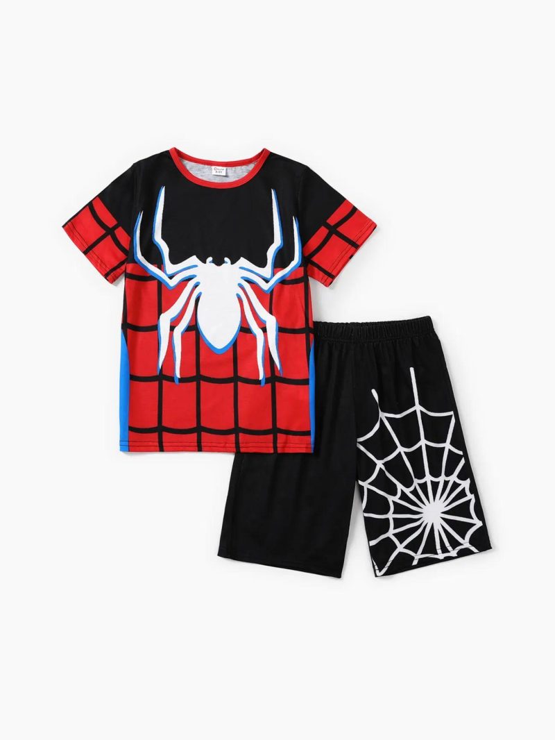 Sets | Boys 2pcs Spider Print Colorblock Short-sleeve Tee and Elasticized Shorts Set Red