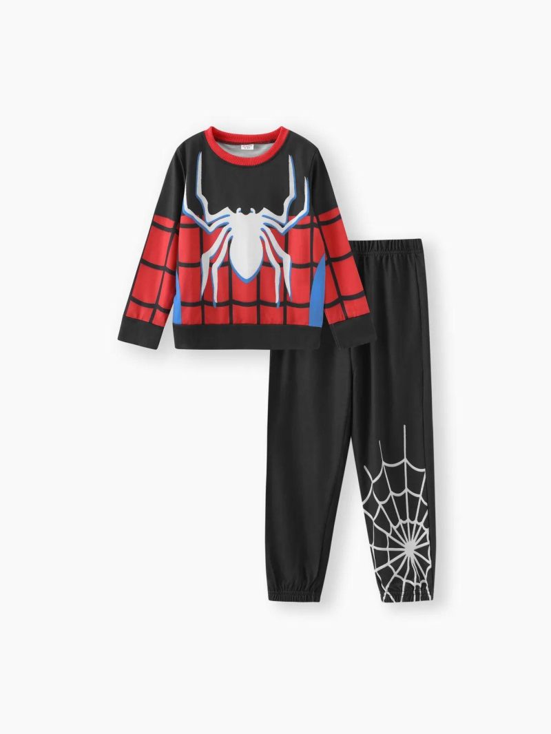 Sets | Boys 2pcs Spider Print Colorblock Sweatshirt and Black Pants Set Black