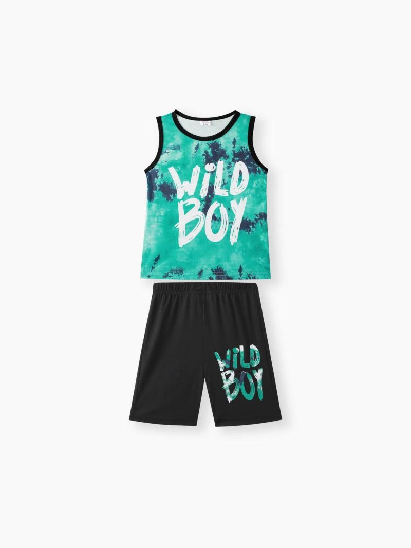 Sets | Boys 2Pcs Tie Dye Letter Print Tank Top & Shorts Set Green|Orange