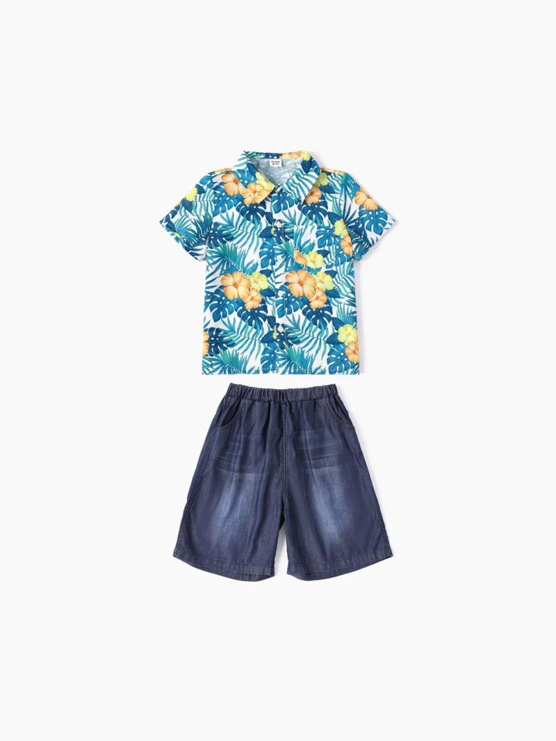 Sets | Boys 2pcs Tropical Plant Print Shirt and Cooling Denim Shorts Set Multi-Color