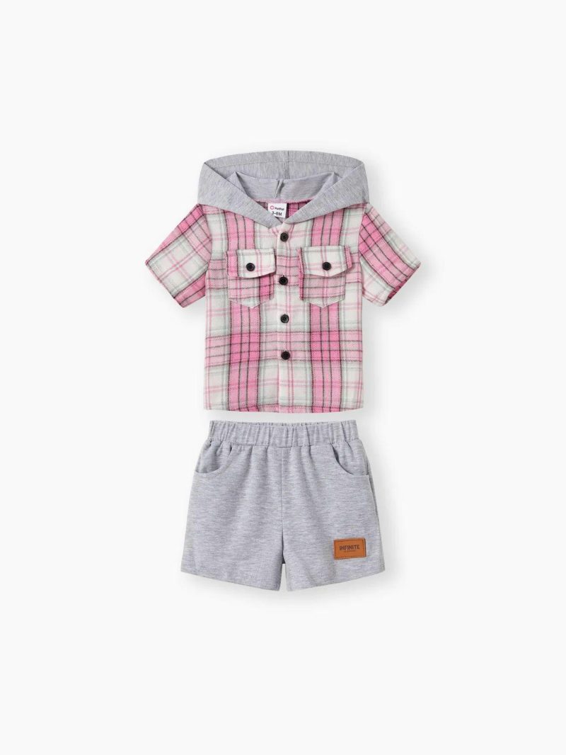 Sets | Boys|Baby Boys|Toddler Boys 2pcs Plaid Print Hooded Shirt and Shorts Set Pink