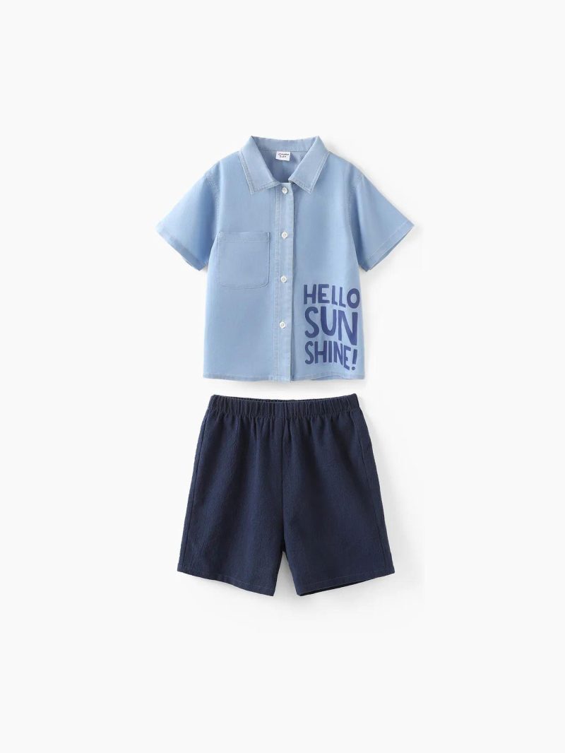 Sets | Boys|Toddler Boys 2pcs Cooling Denim Letter Print Shirt and Shorts Set Light Blue