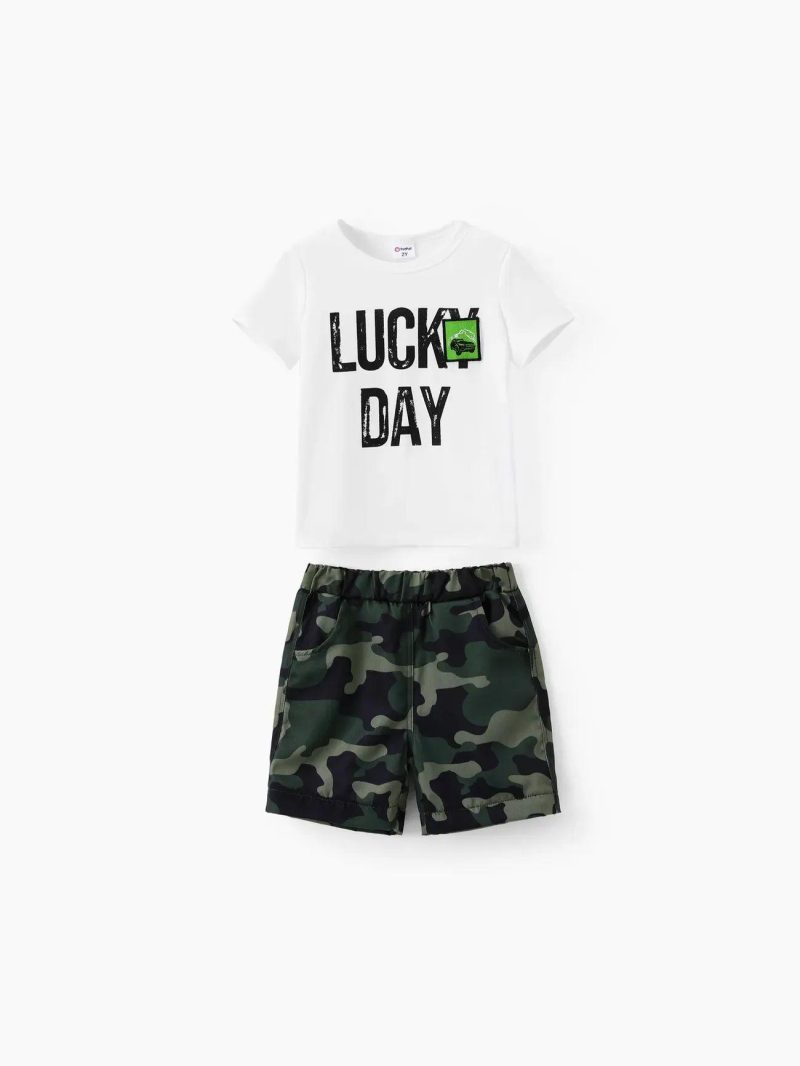 Sets | Boys|Toddler Boys 2pcs Letter Print Tee and Camouflage Removable Cargo Pants Set Darkgreen