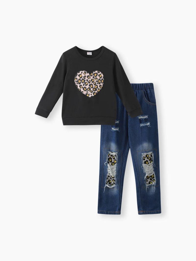 Sets | Girls 2-piece Leopard Heart Print Black Pullover Sweatshirt and Patchwork Ripped Jeans Denim Pants Set Light Blue