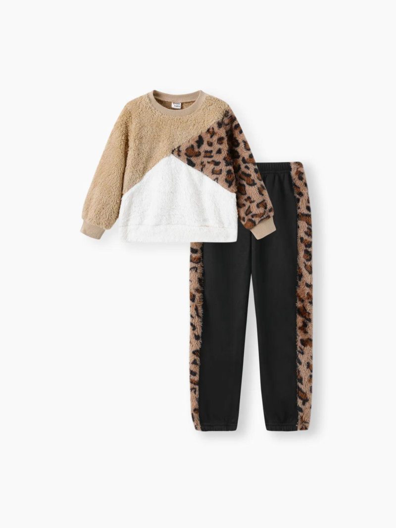 Sets | Girls 2-piece Leopard Print Colorblock Fuzzy Pullover Sweatshirt and Fleece Lined Pants Casual Set Khaki