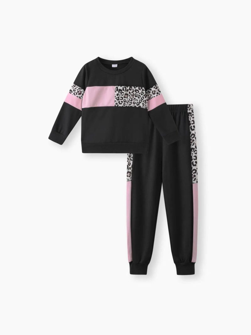 Sets | Girls 2-piece Leopard Print Colorblock Pullover Sweatshirt and Pants Casual Set Black