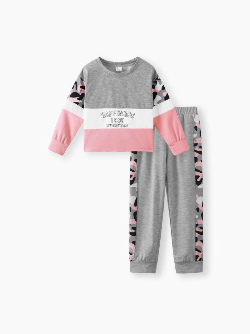 Sets | Girls 2-piece Letter Camouflage Print Colorblock Long-sleeve Tee and Elasticized Pants Set Grey