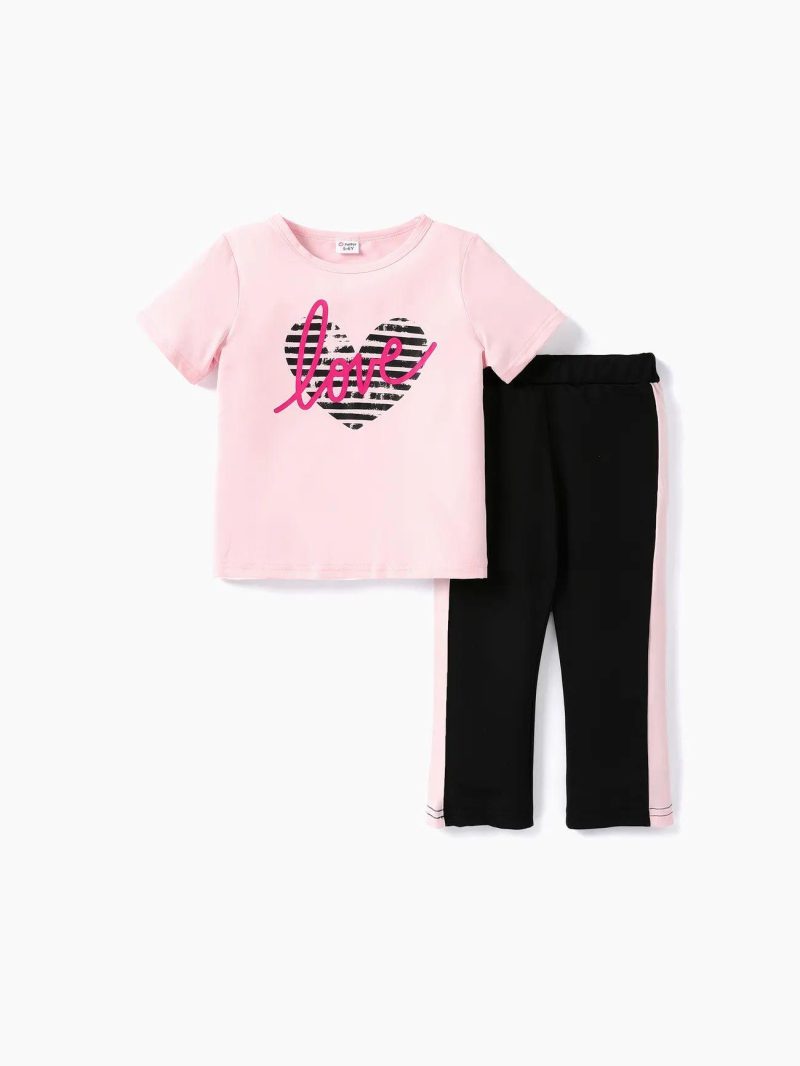 Sets | Girls 2-piece Letter Heart Print Pink Tee and Colorblock Capri Pants Set Pink