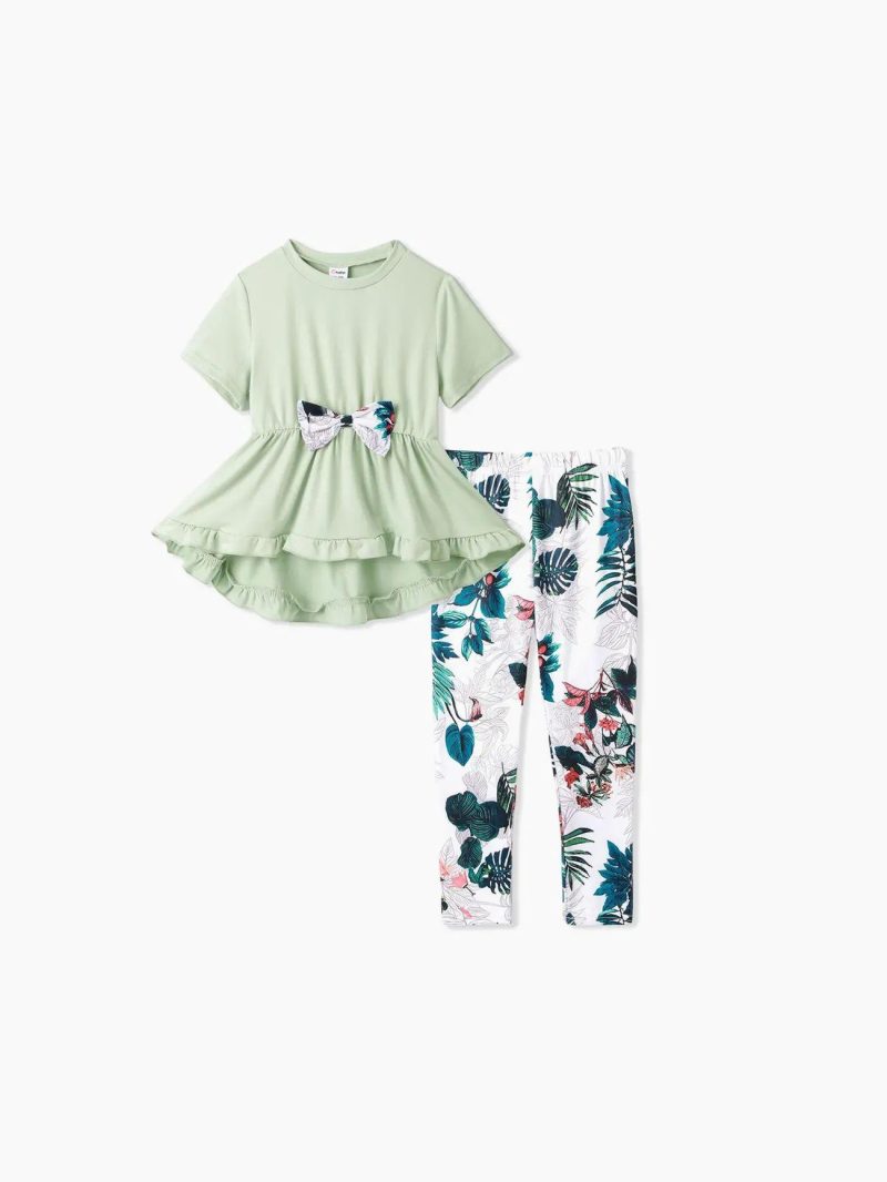 Sets | Girls 2pcs Bow Front Peplum Top and Plant Floral Pants Set  Green