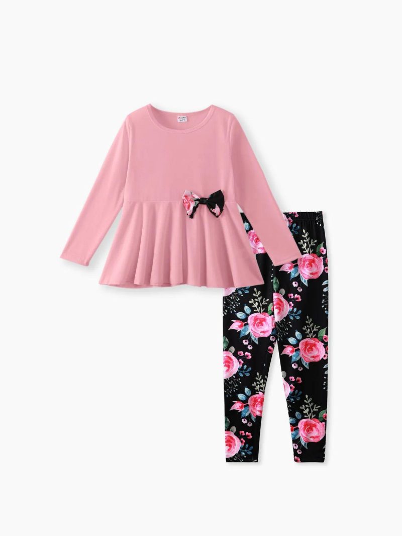 Sets | Girls 2pcs Bowknot Design Long-sleeve Tee and Floral Print Leggings Set Pink|Yellow