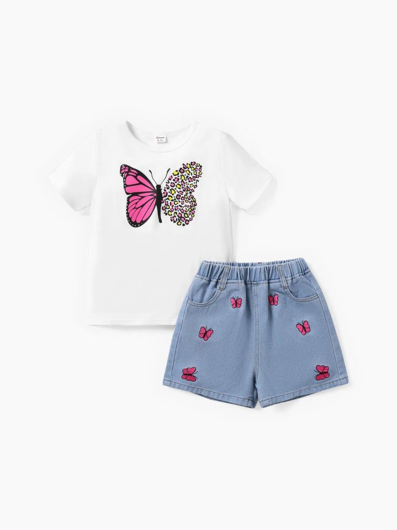 Sets | Girls 2pcs Butterfly Print Tee and Denim Shorts Set White