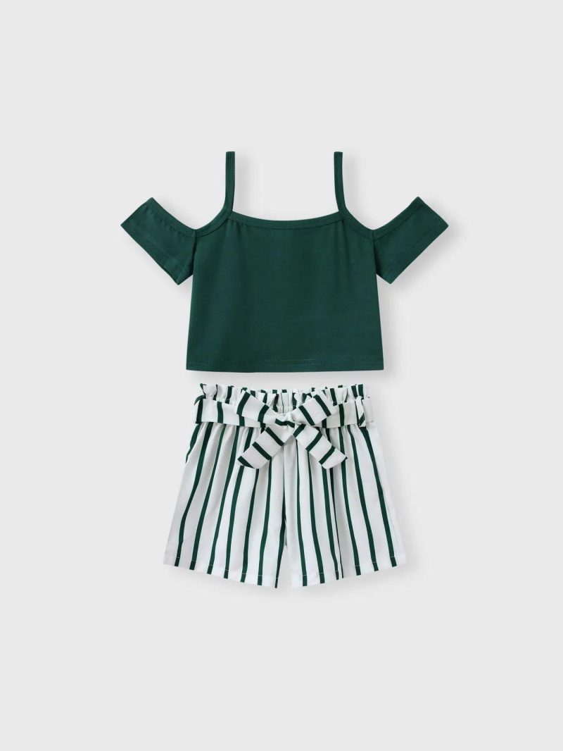 Sets | Girls 2Pcs Cold Shoulder Camisole & Belted Stripe Shorts Set Green|Black