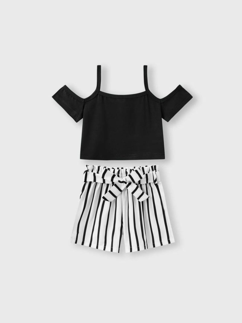 Sets | Girls 2Pcs Cold Shoulder Camisole & Belted Stripe Shorts Set Green|Black