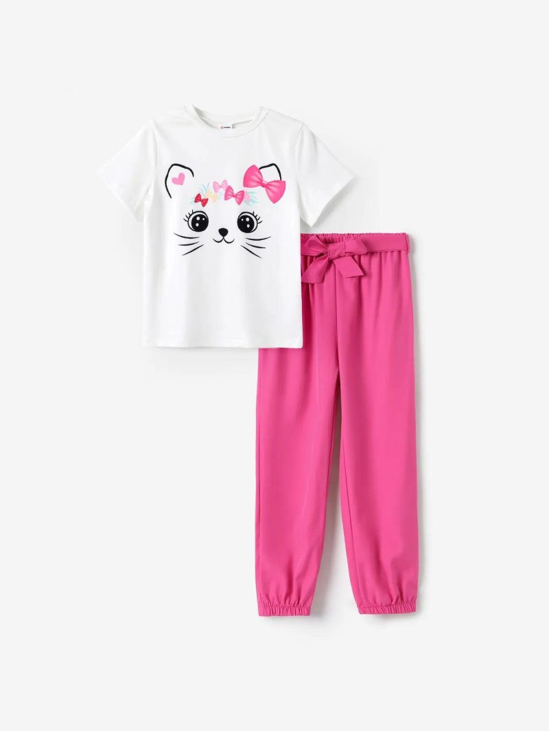 Sets | Girls 2pcs Cute Cat Print Short-sleeve Tee and Belted Pants Set  Hot Pink