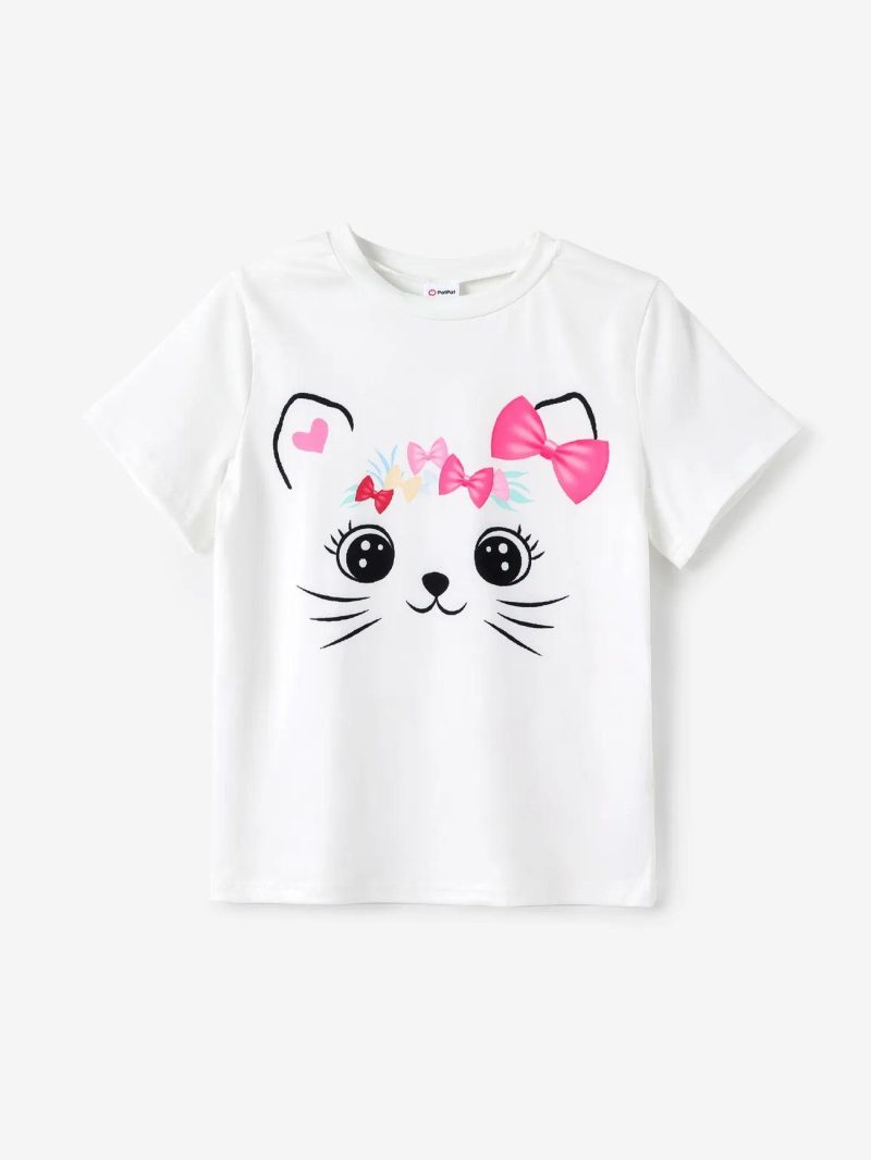 Sets | Girls 2pcs Cute Cat Print Short-sleeve Tee and Belted Pants Set  Hot Pink